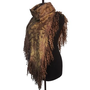 Felted Brown Neck Warmer – Wool & Silk Cobweb Scarf with Natural Curls | Handmade Tube Snood | Gift for Women