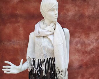 Felt scarf, wool nuno felted wrap scarf, wool shawl, wool wearable art, handmade, Boho style, Warm winter fall Wool silk stole. Gift for her