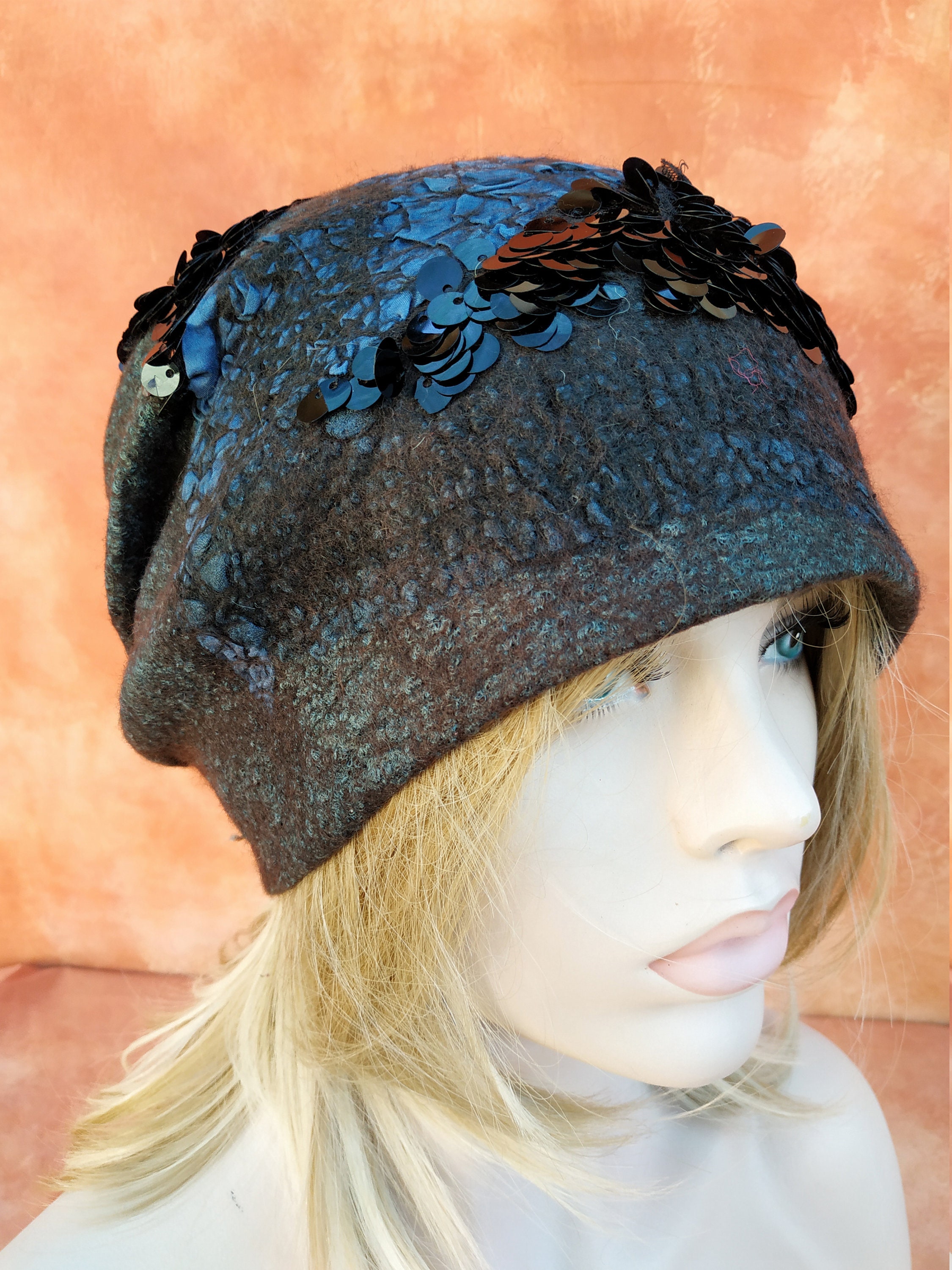 Handmade Beanie Made With Merino Wool, Nuno Felted With Silk Fabric