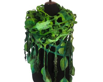 Felted Merino Leaf Shawl: Fairycore Green Wrap, LARP Costume