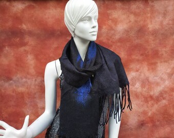 Felt scarf, wool nuno felted wrap scarf, wool shawl, wool wearable art, handmade, Boho style, Warm winter fall Wool silk stole. Gift for her