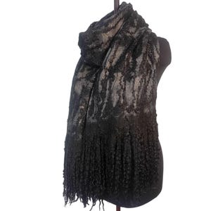 Handmade Black Nuno Felted Scarf with Locks, Unique Merino Wool Shawl, Boho Natural Wrap for Women