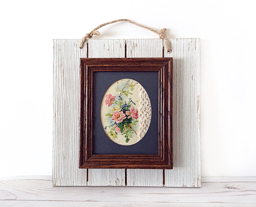 Blue and Pink Wall Decor, Pink Rose Postcard, Rustic Floral Art, Colonial Blue, Floral Wall