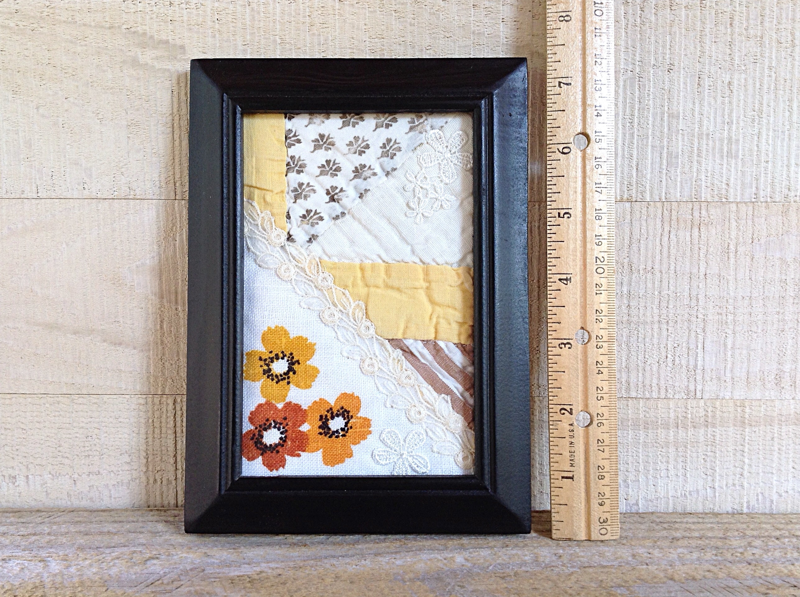 Framed Vintage Quilt Art Set, Floral Hanky, Modern Farmhouse Decor