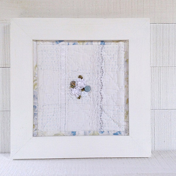 Cottage blue wall decor, framed quilt block