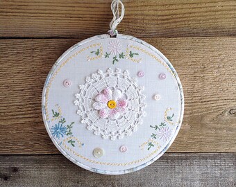 Floral Embroidery Hoop Art, Vintage Doily, Pastel Decor (8 inch)