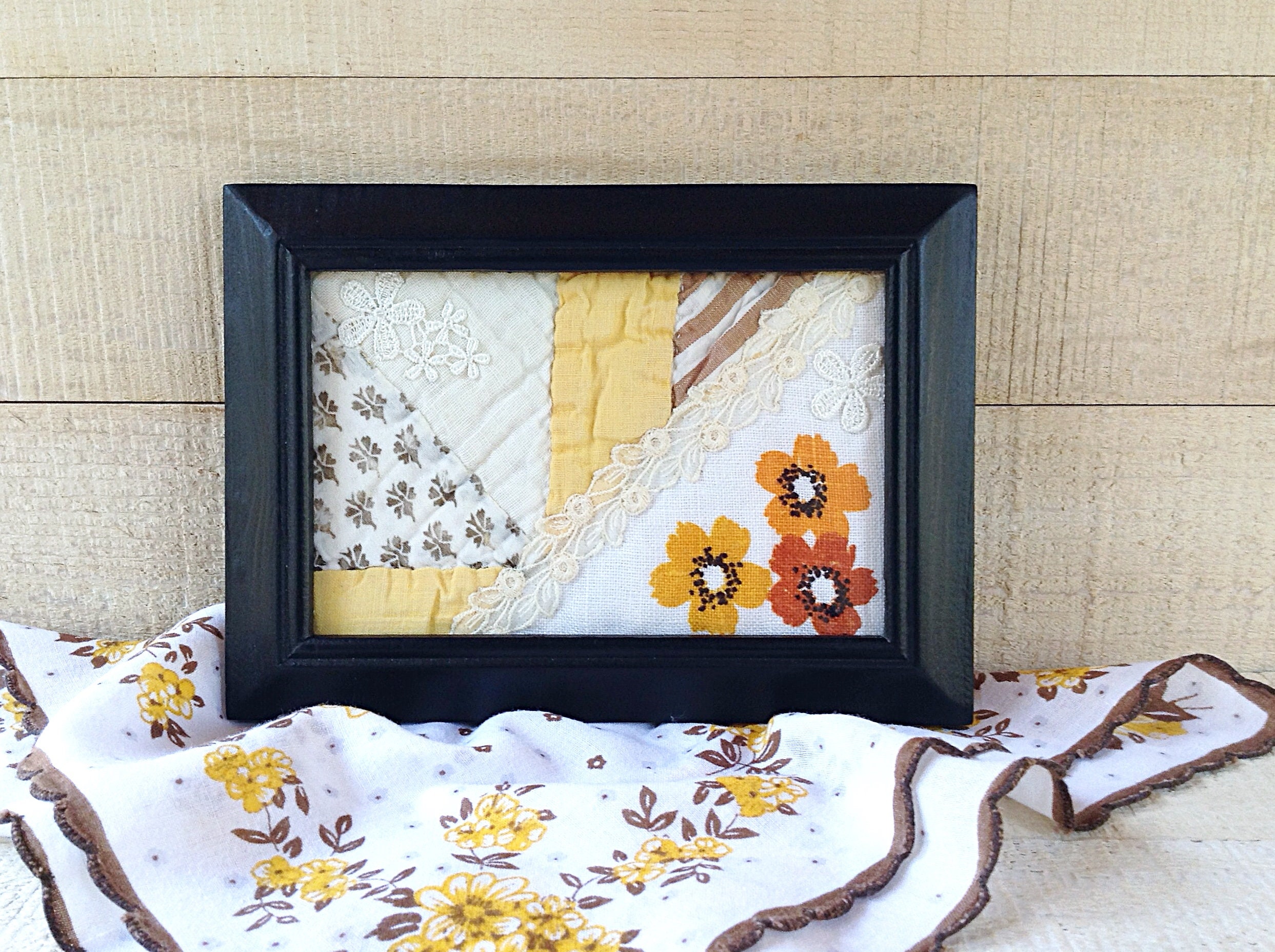 Framed Vintage Quilt Art Set, Floral Hanky, Modern Farmhouse Decor