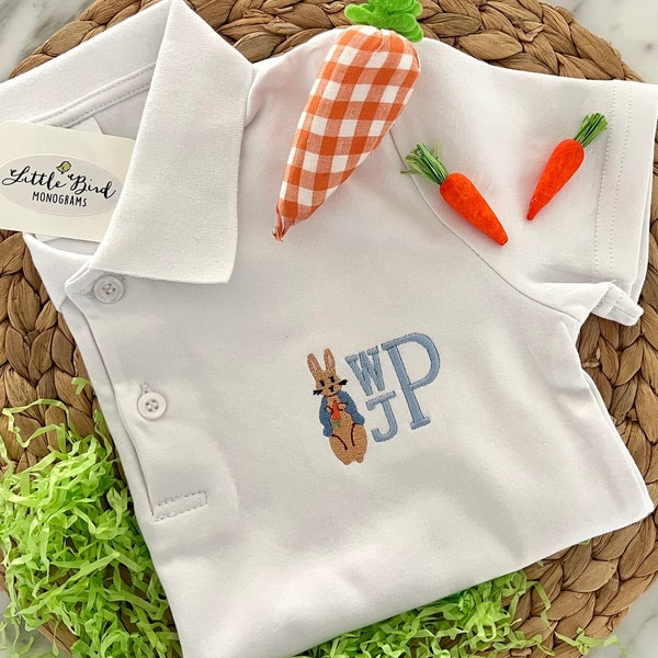 Monogrammed Easter Collar Shirt, Bunny Polo Shirt, Peter Rabbit Embroidery, Easter Outfit, Toddler Boy, Preppy