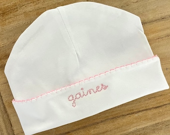 Personalized Newborn Hat, Pink Picot Trim, Monogrammed Infant Cap