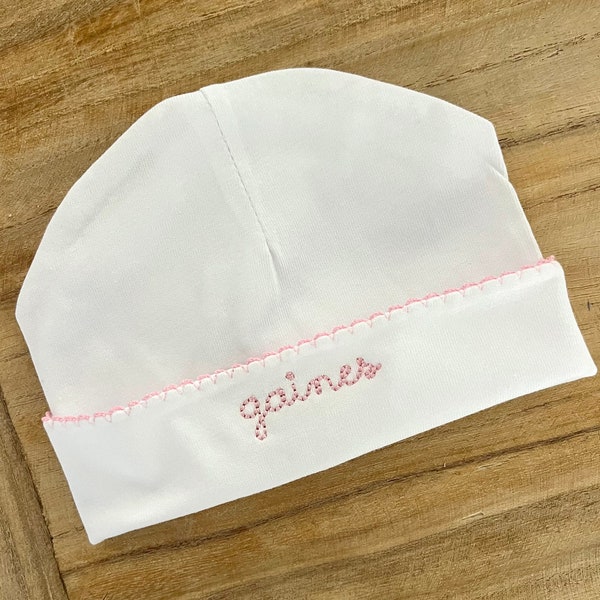 Personalized Newborn Hat, Pink Picot Trim, Infant Cap, Coming Home Hospital Outfit, Baby Girl, Script Font, Monogrammed, Baby Shower Gift