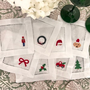 Christmas Themed Linen Cocktail Napkins, Create Your Own Set, Holiday Embroidery, Tree, Santa, Bar Cart, Preppy, Hostess Gift - Set of 4!