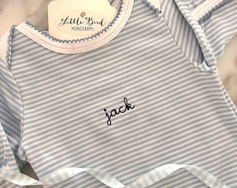 Blue and White Personalized Baby Gown, Striped, Zipper Closure, Newborn Pictures, Coming Home Outfit, Personalized, Baby Shower Gift, Preppy