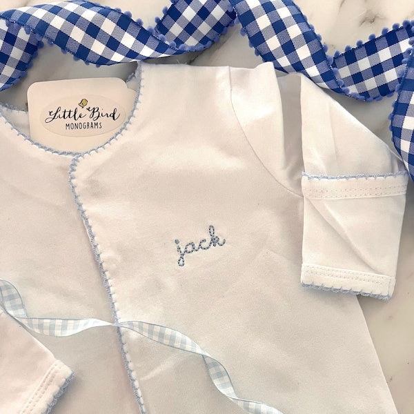 Monogrammed Baby Pajama's, White Footie PJs with Blue Picot Trim, Coming Home Outfit, Personalized Girl First Outfit, Gift, Newborn Present