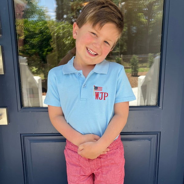 Monogrammed American Flag Light Blue Collar Shirt, Fourth of July Polo, 4th Holiday Outfit, Preppy Toddler, Patriotic, Fireworks Shirt