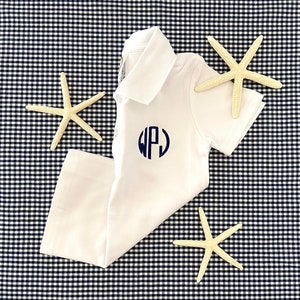 Monogrammed White Boys Collar Shirt, Polo Shirt, Preppy Toddler Outfit, Personalized T-Shirt, Summer, Circle Monogram, Gift, Present