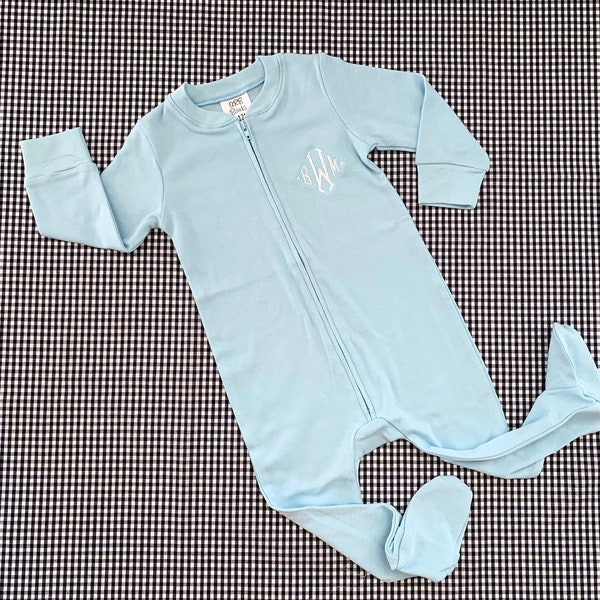 Monogrammed Baby Pajama's, Light Blue Footie PJs, Coming Home Outfit, Personalized Boy First Outfit, Gift, Newborn Present, Zipper, Comfy