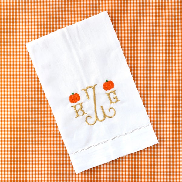 Monogrammed Pumpkin Linen Hand Towels, Fall Decor, Halloween Tea Towel, House Warming or Hostess Present, Bar Cart or Powder Room Towel