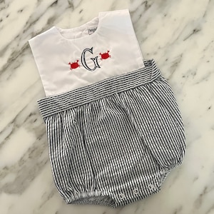 Boys Navy Seersucker Bubble with White Top, Baby or Toddler, Crab, Boy, Nautical, Classic Summer Outfit, Newborn Gift, Preppy, 4th Of July
