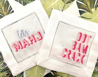 Embroidered Linen Mahjong Cocktail Napkins, Game Night Hostess Gift, Set of 4