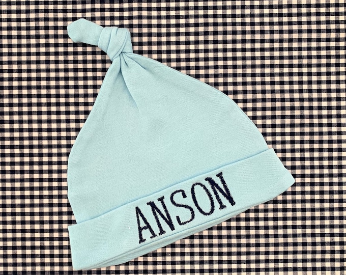 Light Blue Newborn Monogrammed Hat Navy Pink or Mint Personalized Baby Cap White Boy or Girl Grey