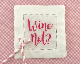 Wine Not Linen Cocktail Napkins, Pink Embroidered Bar Decor, Set of 4