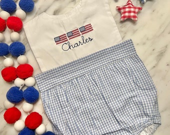 Patriotic Boys Seersucker Bubble with White Top, Baby or Toddler, Flags, Boy, Classic Summer Outfit, Newborn Gift, Preppy, 4th Of July