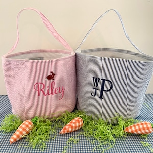 Personalized Easter Basket, Monogrammed Bucket, Easter Egg Hunt, Pink, Blue, Seersucker, Monogram, Boy or Girl, Toddler Toy Bag, Bucket