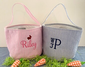 Personalized Easter Basket, Monogrammed Bucket, Easter Egg Hunt, Pink, Blue, Seersucker, Monogram, Boy or Girl, Toddler Toy Bag, Bucket