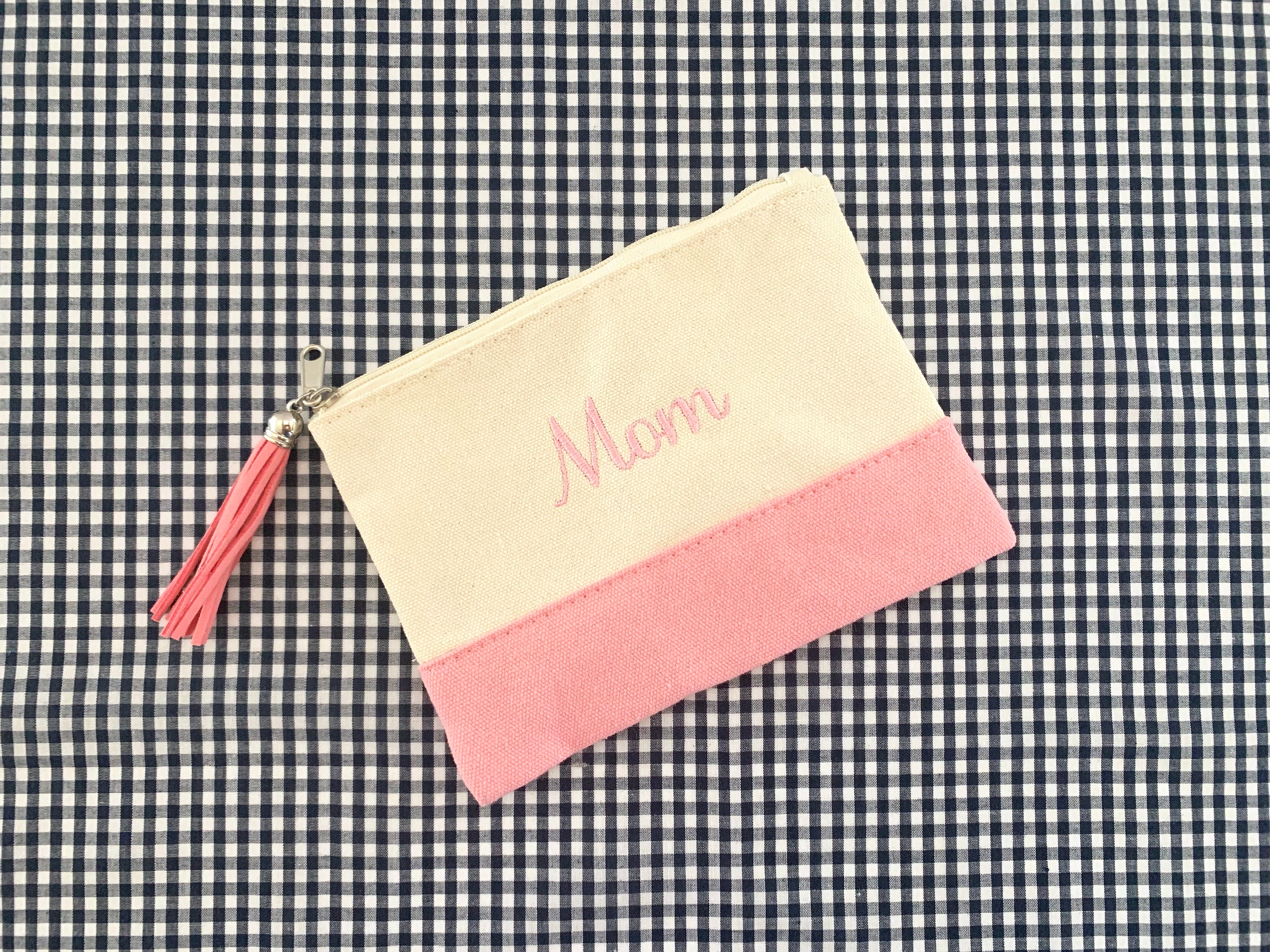 Monogrammed Canvas Zipper Pouch - Light Pink and Natural Color - Gift - Present - Coin Purse