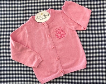 Pink Monogrammed Toddler Cardigan Sweater, Girl Cotton Monogrammed Sweater, Preppy Youth Personalized Sweater, Children's Knitwear, Uniform