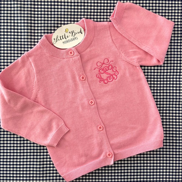 Suéter de cárdigan para niños con monograma rosa, suéter con monograma de algodón para niñas, suéter personalizado para jóvenes de muy buen gusto, prendas de punto para niños, uniforme