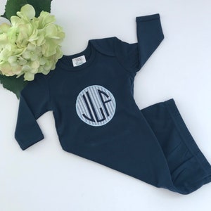 Monogrammed Infant Gown, Blue Seersucker Circle Applique, Coming Home Outfit, Baby Pictures, Zipper Closure, Hospital Outfit, Personalized