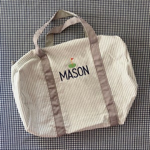Grey Seersucker Personalized Duffle Bag, Childs Weekend Bag, Personalized Gift, Preppy Overnight, Kids Christmas Present, Ballet Bag
