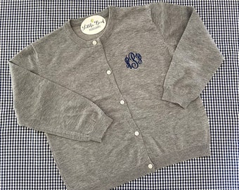 Gray Monogrammed Toddler Cardigan Sweater, Girl or Boy Cotton Sweater, Preppy Youth Personalized, Children's Knitwear, Uniform, Present