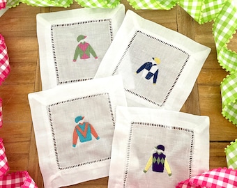 Kentucky Derby Theme Linen Cocktail Napkins, Horse Race, Jockey Embroidery, Tailgate, Bar Cart, Preppy, Hostess Gift - Set of 4!