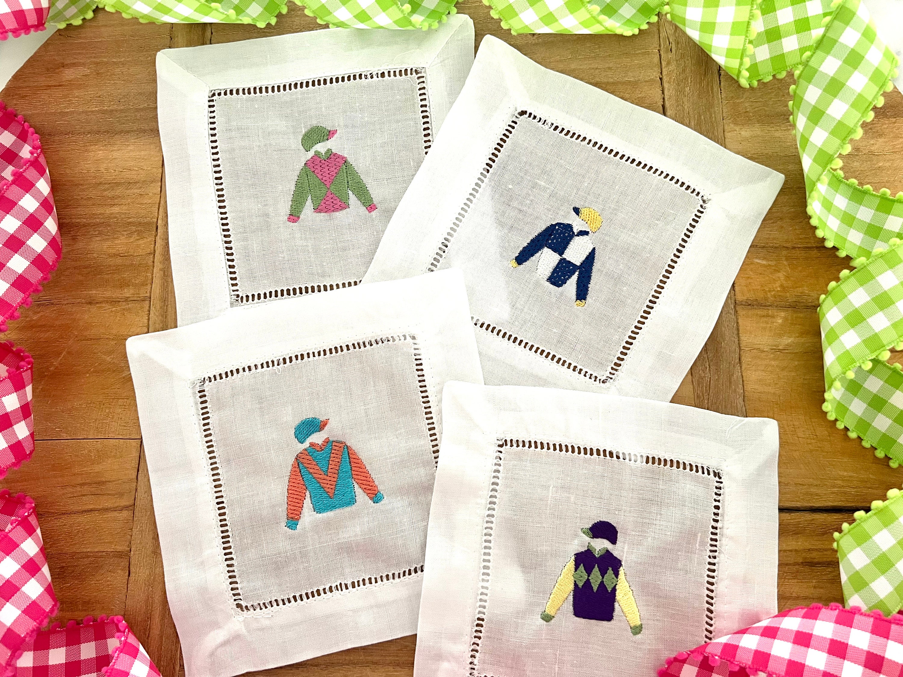 Kentucky Derby Theme Linen Cocktail Napkins Horse Race Jockey Embroidery Tailgate Bar Cart Preppy Hostess Gift Set of 4