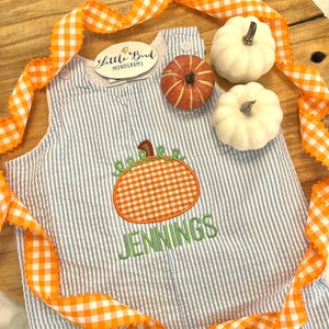 Halloween Seersucker Jon Jon, Toddler, Personalized, Fall Outfit, Gift, Preppy Present, Light Blue Seersucker, Pumpkin Applique