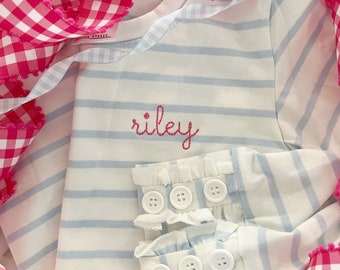Girls Personalized Blue Striped Shirt, Ruffle Sleeve, Nautical Outfit
