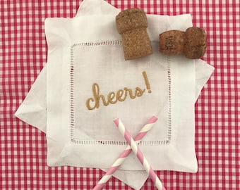 Embroidered Linen Cocktail Napkins, Cheers Script, Set of 4