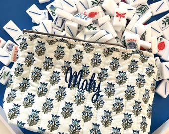 Alles tas met monogram, blokprint, clutch, make-uptas, toiletartikelen, cosmetica, gepersonaliseerd cadeau, heden, bruidsmeisjes, tas Mahj-tegels