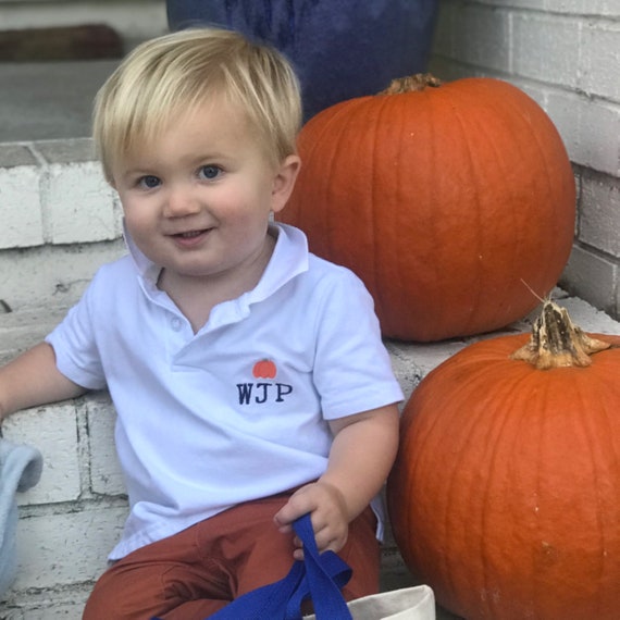 Monogrammed Pumpkin Polo Shirt, Halloween Outfit, Fall Collar Shirt, Preppy, White Shirt, Toddler Boy, Orange, Personalized, Pumpkin Patch