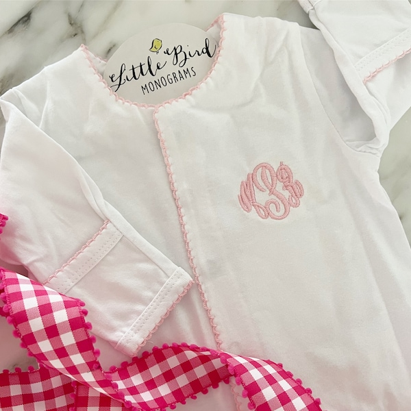 Monogrammed Baby Pajama's, White Footie PJs with Pink Picot Trim, Coming Home Outfit, Personalized Girl First Outfit, Gift, Newborn Present