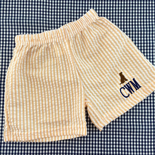 Boys Monogrammed Seersucker Shorts, Toddler Personalized Shorts , Childs Gift, Summer Outfit, Preppy, Orange Seersucker, Christmas Present