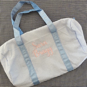 Light Blue Seersucker Personalized Duffle Bag, Childs Weekend Bag, Personalized Gift, Preppy Overnight, Kids Christmas Present, Ballet Bag