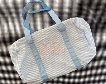 Light Blue Seersucker Personalized Duffle Bag, Childs Weekend Bag, Personalized Gift, Preppy Overnight, Kids Christmas Present, Ballet Bag