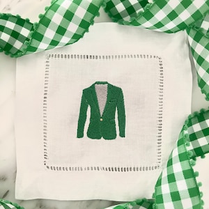 Serwetki koktajlowe Masters Golf Linen, kurtka Masters, haft, zielona kurtka, dekoracja wózka barowego Masters Party, prezent dla gospodyni, zestaw 4 sztuk