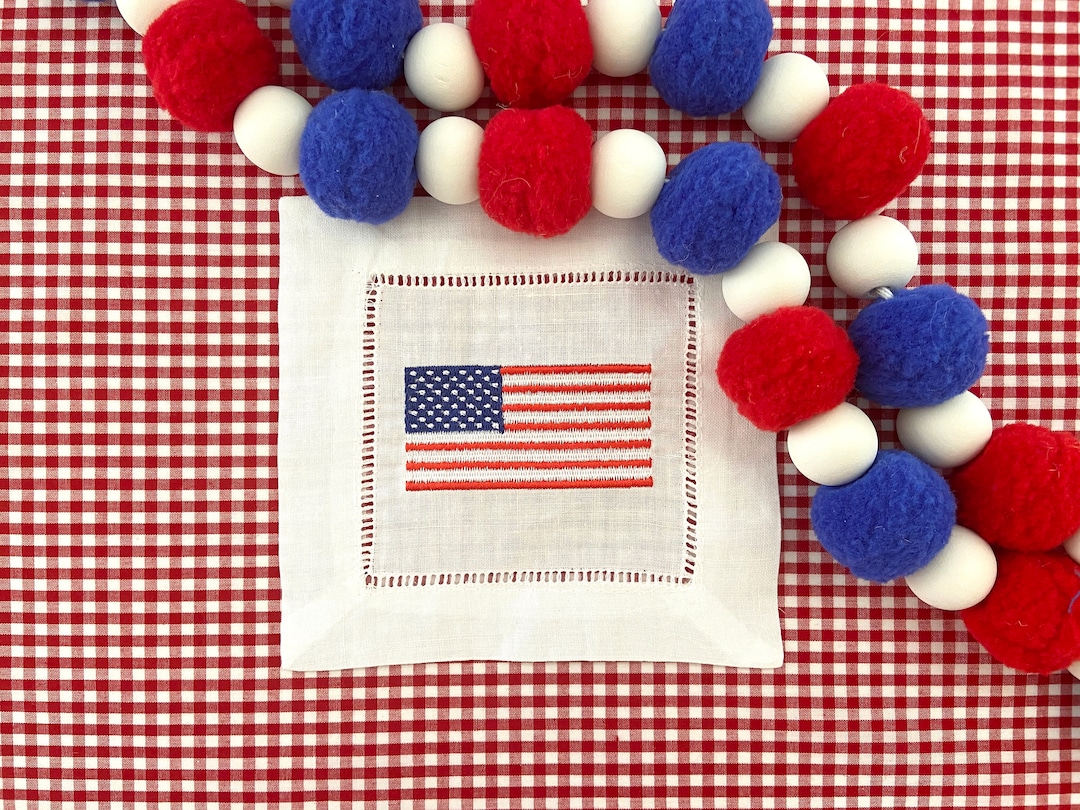 American Flag Cocktail Napkins, Fourth of July Linen Napkins, Red White