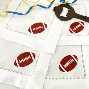 Voetbalcocktailservetten, linnen, herfstdecor, barkardecoraties, gastvrouwcadeau, preppy, set van 4, 6x6 formaat, borduurwerk, Super Bowl