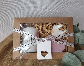 Handverziertes Kerzen-Set in Geschenkbox "Danke" & Seifenherzen - Geschenk - Kerzenset