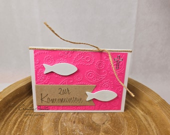Glückwunschkarte Rosa-Weiß Holzfische zur Kommunion